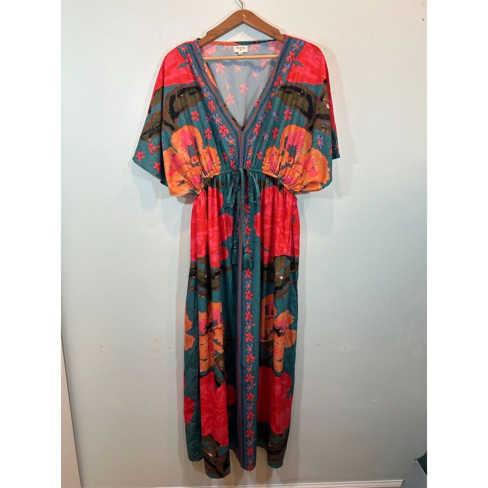 WORLD MARKET Boho Floral Tie Empire Maxi Dress L/XL Satin Tropical Kaftan - Picture 12 of 12